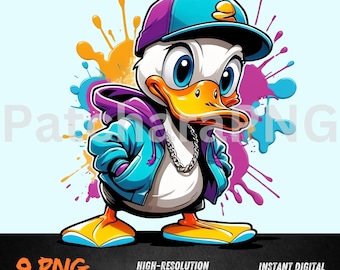 Cartoon Duck PNG | Cute Duck Clipart in Hoodie and Cap | Color Splash Urban Animal Sublimation Design