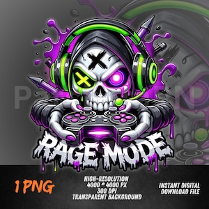 May include: A digital illustration featuring a skull wearing headphones and holding a game controller. The skull has a black hood, green and purple accents, and the text "RAGE MODE". The image also includes the text "1 PNG" and "HIGH-RESOLUTION 4000 * 4000 PX 300 DPI TRANSPARENT BACKGROUND INSTANT DIGITAL DOWNLOAD FILE".