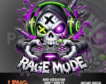 Rage Mode Skull Gamer PNG - Clipart néon violet et vert pour sublimation, DTF, conception de chemise de jeu