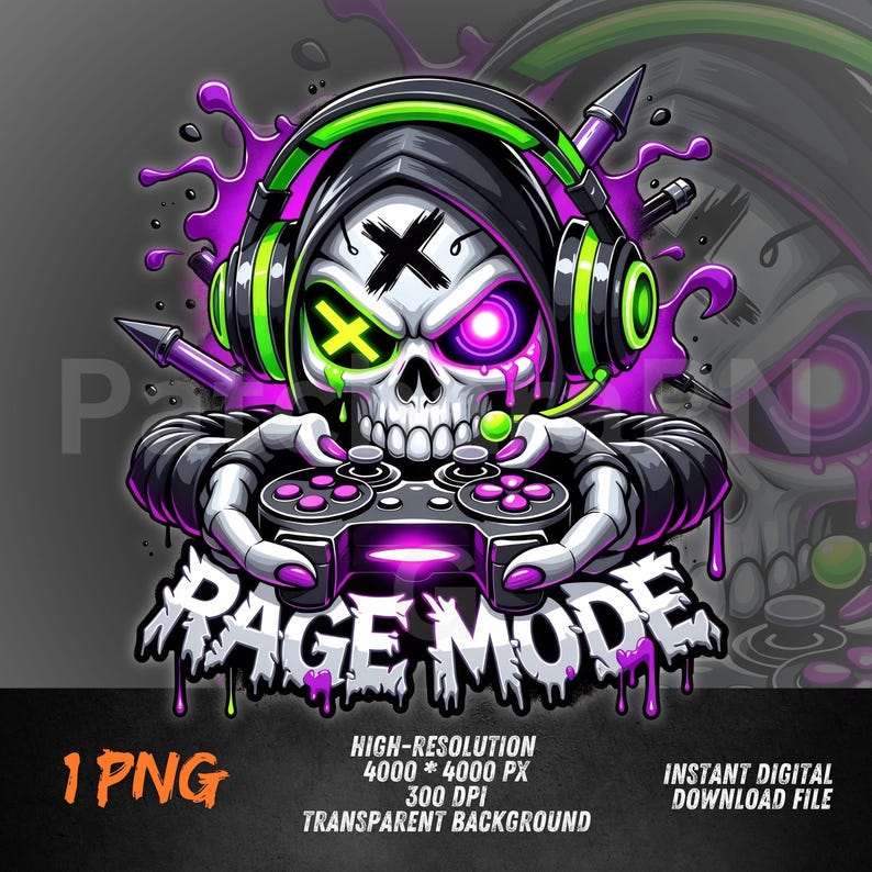 May include: A digital illustration of a skull wearing headphones and holding a game controller. The skull has a black hood, green and purple accents, and the text "RAGE MODE". The image also includes the text "1 PNG" and "HIGH-RESOLUTION 4000 * 4000 PX 300 DPI TRANSPARENT BACKGROUND INSTANT DIGITAL DOWNLOAD FILE".