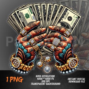 Money Hand Clipart | Tattoo Hands with Cash PNG | Hip Hop Bling Art | Gangster Sublimation Design | Transparent Background