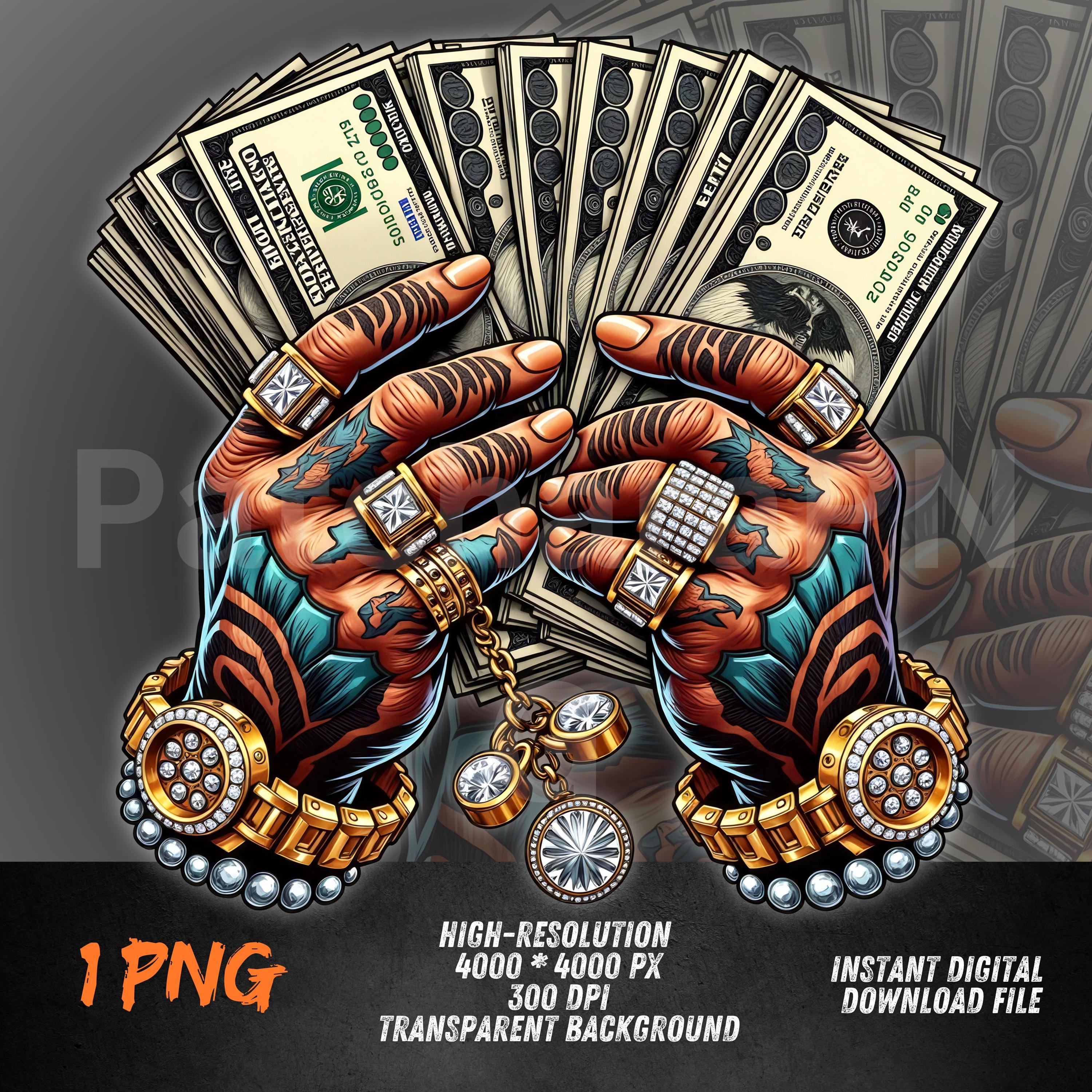お金の手のクリップアート | 現金を持ったタトゥーの手 PNG | ヒップホップのブリンブリンアート | ギャングスター昇華デザイン | 透明な背景  - Etsy 日本, image size:3000x3000