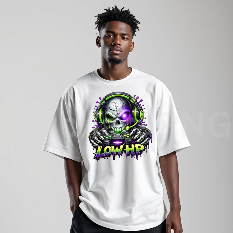 May include: White t-shirt featuring a skull graphic wearing headphones and holding a game controller. The skull has a purple eye and green accents. The text "LOW HP" is below the skull in green and purple.