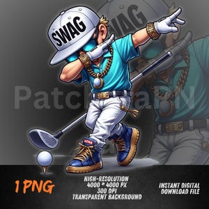 Puede incluir: Ilustración de un golfista de dibujos animados con camisa azul, pantalones blancos y zapatillas azules, haciendo un dab. El golfista lleva una gorra blanca con "SWAG", gafas de sol y joyas de oro. También hay un palo de golf y una pelota. Incluye el texto "1 PNG".