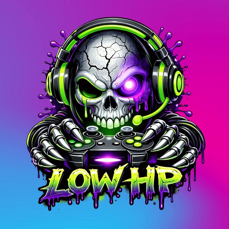 May include: Digital illustration of a skull wearing a headset and holding a game controller. The skull has a cracked appearance with a glowing purple eye. The text "LOW HP" is displayed in dripping green and purple letters.