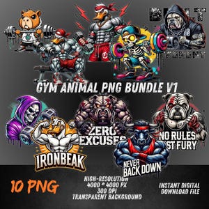 Puede incluir: Un paquete PNG digital con ilustraciones de animales con temática de gimnasio, incluyendo un castor, patos, un esqueleto, un bulldog y un toro, todos levantando pesas. Las imágenes están en un estilo audaz y colorido con el texto "GYM ANIMAL PNG BUNDLE V1".