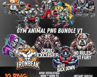 Pacote PNG de Animais de Academia v1 - Personagens de Grafite Fitness com Frases, Arte de Academia com Caveira e Fera, Conjunto de Clipart para Sublimação DTF
