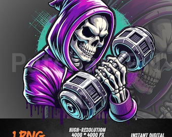 Gym Skull PNG | Weightlifting Skeleton Clipart | Workout Skull in Hoodie | Fitness Sublimation Design | Strong Gym Art PNG