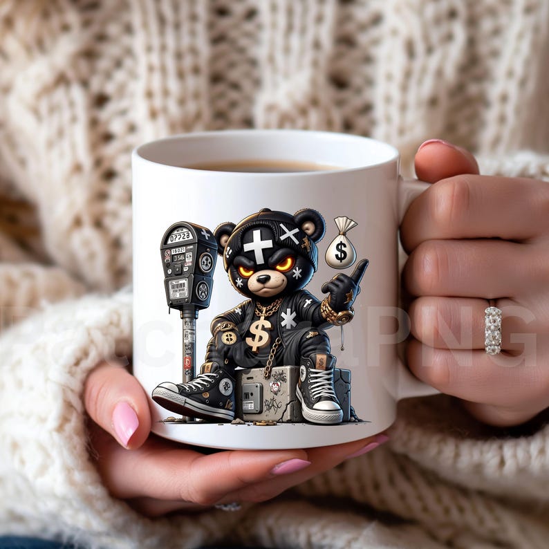 May include: White ceramic mug featuring a cartoon bear in a black leather jacket, gold chain, and sneakers. The bear has a cross on its hat and a dollar sign necklace. A money bag and a parking meter are also depicted on the mug.