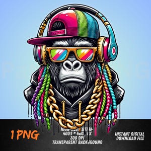 May include: A colorful illustration of a gorilla wearing a backwards baseball cap, sunglasses, headphones, and a gold chain. The gorilla has rainbow dreadlocks.