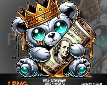 Hiphopowy miś pluszowy png, Gangster Bear PNG Hip Hop Graffiti Art na koszulki streetwearowe | Urban Money Teddy DTF Sublimacja