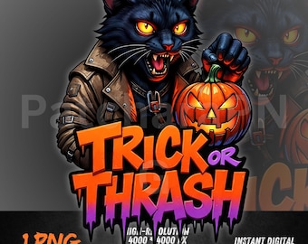 Trick or Thrash Black Cat PNG | Halloween Punk Rock Sublimation Design | Gothic Jack O’Lantern Digital Download