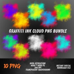 Peut inclure: Graphique numérique avec dix nuages d'encre de graffiti PNG colorés. Les nuages sont de différentes couleurs, notamment le violet, le jaune, le bleu, le vert, l'orange, le blanc et le rose. Le texte sur l'image indique "GRAFFITI INK CLOUD PNG BUNDLE" et "10 PNG".