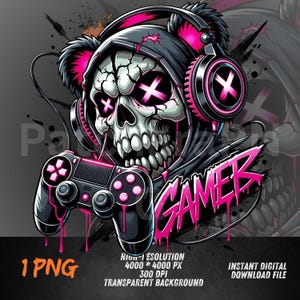 May include: Digital illustration of a skull wearing a hoodie and headphones, holding a game controller. The skull has pink glowing eyes and the word "GAMER" in pink dripping letters. The image is a digital download file.
