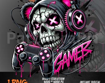 Gamer Skull PNG avec manette | Clipart de jeu graffiti | Sublimation néon PNG pour les chemises de joueur, les sweats à capuche, les transferts DTF