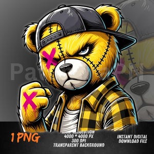 Yellow Gangsta Bear PNG | Teddy Clipart with X Eyes and Hat | Urban Swag Character Art | Sublimation Design PNG | Street Style Bear