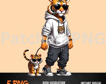 Tiger Family PNG | Cool Tiger Dad and Cub Clipart in Hoodies | Urban Animal Sublimation Design | Matching Outfit Digital Art