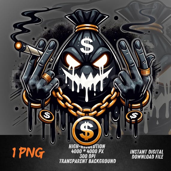 Gangsta Money Bag PNG – Hip Hop Graffiti Cash Mascot for