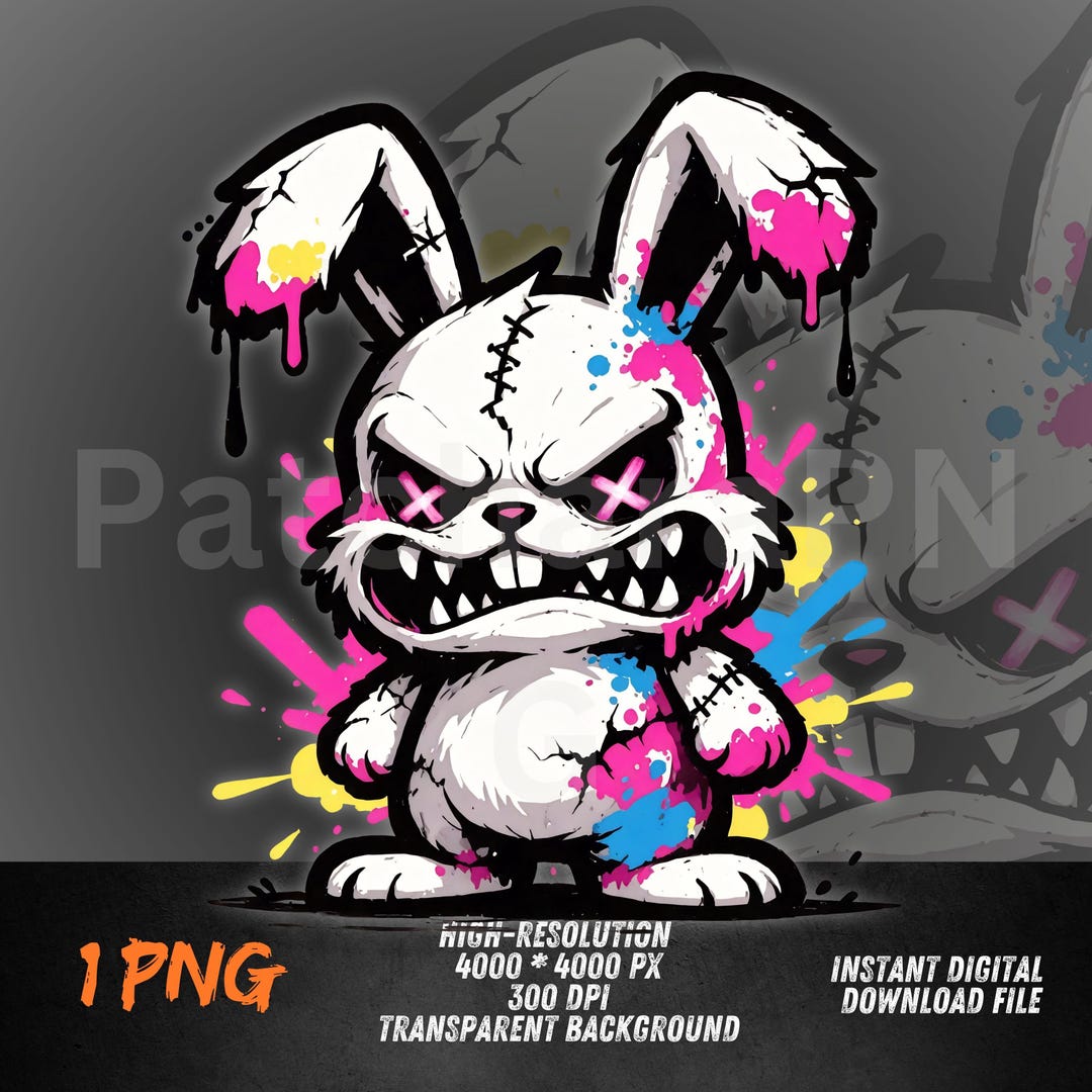 Evil Bunny PNG Graffiti Stitched Mascot Creepy Rabbit Shirt Design DTF ...