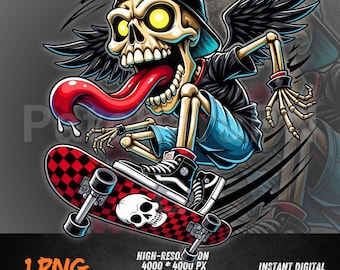 Skater Skeleton PNG Graphic, Punk Skull Skateboard Sublimation Design for Streetwear Shirt or Printable Merch