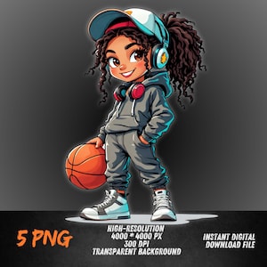 Black Girl Basketball PNG | Urban Street Style Sublimation Design | Afro Puffs Hip Hop Fashion Clipart | Cool Teen Girl  for T-Shirt Mug