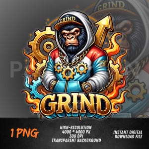 May include: A digital graphic featuring a gorilla wearing a hoodie, cap, and gold chain. The gorilla is surrounded by gears, flames, and a gold arrow. The word "GRIND" is prominently displayed in gold lettering. The image is labeled "1 PNG" and "HIGH-RESOLUTION".