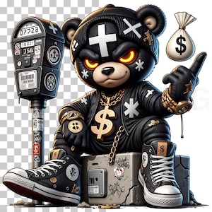 May include: A black teddy bear wearing a black leather jacket, pants, and a beanie with a cross. The bear has gold jewelry, a dollar sign pendant, and black high-top sneakers. It is sitting on a concrete block next to a parking meter and a money bag.