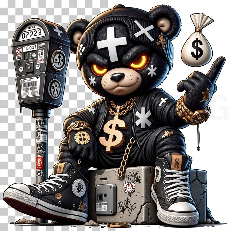 May include: A black teddy bear wearing a black leather jacket, pants, and a beanie with a cross. The bear has gold jewelry, a dollar sign pendant, and black high-top sneakers. It is sitting on a concrete block next to a parking meter and a money bag.