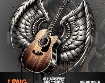 Guitar with Angel Wings PNG | Rock Music Clipart for Shirt, Tattoo, DTF Print, Sublimation, Emotional Gift Design