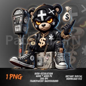 May include: A digital illustration of a black bear character wearing a leather jacket, gold chain, and high-top sneakers. The bear is sitting on a box with graffiti, with a money bag and a parking meter in the background. The bear has glowing orange eyes and a cross on its hat.