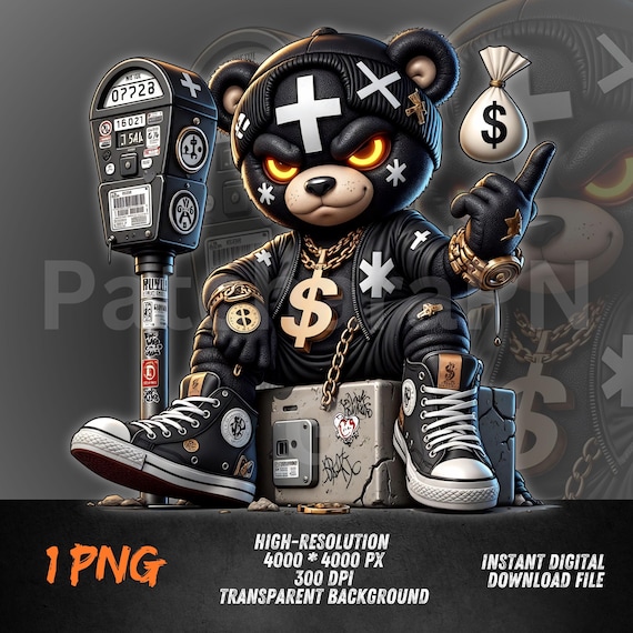 Gangster Bear PNG, Streetwear Money Bag Mascot Clipart, Hip Hop Urban Bear Art, DTF Sublimation Hoodie Design