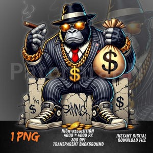 Gangsta Gorilla PNG | Mafia Style Graffiti Ape Clipart with Money Bag & Gold Chains | Streetwear Sublimation Design for T-Shirts , Hoodies
