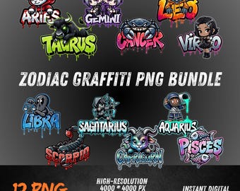 zodiac png design, Zodiac Graffiti PNG Bundle – 12 Astrological Signs Clipart for Shirt, Sublimation, DTF, Stickers, Digital Download