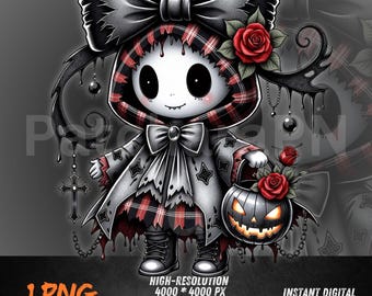 Gothic Kawaii Halloween Girl PNG | Dark Cute Skeleton Clipart for Sublimation, Shirt, Mug, DTF, Printable Sticker