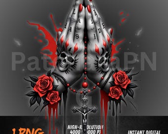 Biddende handen schedel, png PNGEgg | Gotische gebedsafbeelding met rozenkrans en rozen | Donker religieus sublimatieontwerp | Hoge resolutie kunst