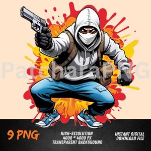 robber Cartoon Character Graffiti Art Print, Hip Hop, money, Urban Decor Clipart for Instant Download"