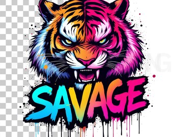 獰猛な虎 PNG | ネオングラフィティ虎クリップアート | 獰猛な