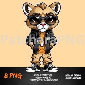 Puma gánster PNG / Puma genial con sudadera y gafas de sol / Diseño de sublimación de gran felino urbano