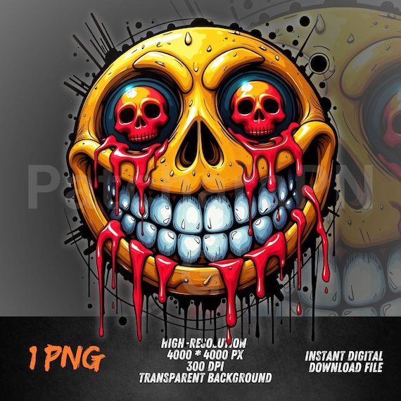 Skull Eyes Smiley PNG – Creepy Graffiti Face with Blood Drips for Horror Streetwear, DTF & Sublimation