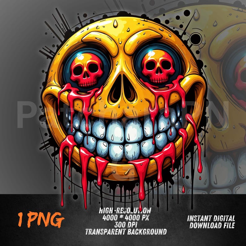 May include: A digital illustration of a yellow emoji-like face with red skull eyes and dripping red blood. The face has a wide, toothy grin. The image includes the text "1 PNG", "HIGH-RESOLUTION 4000*4000 PX 300 DPI TRANSPARENT BACKGROUND", and "INSTANT DIGITAL DOWNLOAD FILE".