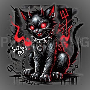 Pu&ograve; includere: Illustrazione di un gatto nero con occhi, corna e accenti rossi. Il gatto indossa un collare a punte ed &egrave; incatenato. Le parole "SATAN'S PET" sono visualizzate. L'opera d'arte ha un'estetica oscura e audace.