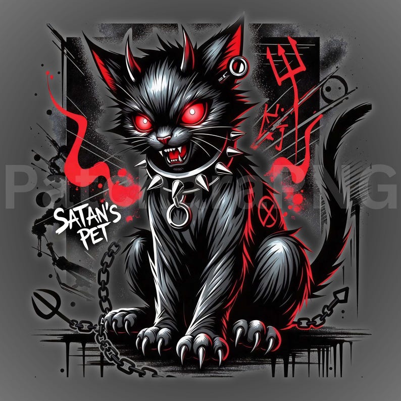 Pu&ograve; includere: Illustrazione di un gatto nero con occhi, corna e accenti rossi. Il gatto indossa un collare a punte ed &egrave; incatenato. Le parole "SATAN'S PET" sono visualizzate. L'opera d'arte ha un'estetica oscura e audace.