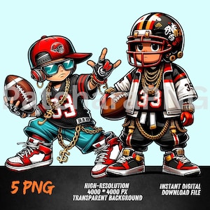 Hip-Hop Football Kids PNG Duo | Cool Sport Streetwear Cartoon | DTF, Sublimation, Sticker Clipart