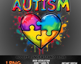 Autismehart, png | Kleurrijke puzzelclipart met 'Accepteer Begrijp Liefde'-citaat | Bewustzijnssublimatieontwerp | Digitaal bestand neurodiversiteit