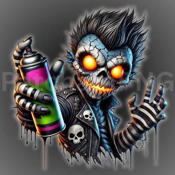 ポップアート 緑色背景 黒いキャラクター スプレー缶モンスター PNG | グラフィティアートクリップアート