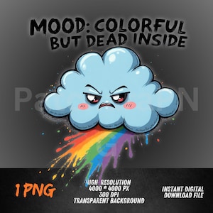 Może przedstawiać: Ilustracja kreskówki przedstawia jasnoniebieską chmurę ze złą miną i tęczą wychodzącą z jej podstawy. Tekst "MOOD: COLORFUL BUT DEAD INSIDE" znajduje się nad chmurą. Obraz zawiera również tekst wskazujący, że jest to przezroczysty plik PNG o wysokiej rozdzielczości.