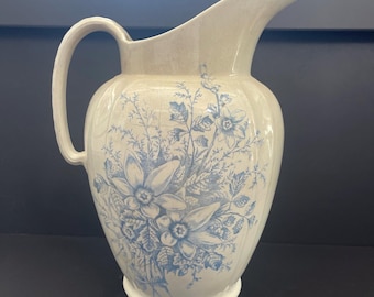 Vintage Royal Ironstone China White Wash Pitcher With Blue Floral Design