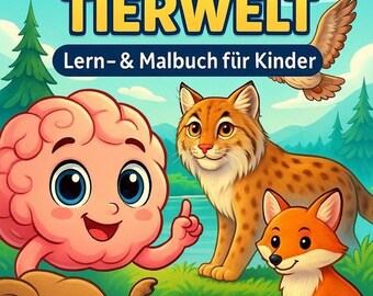 May include: A children's book cover with the title "HIRNCHEN IN DER TIERWELT" in yellow and blue. The cover features cartoon illustrations of a brain, a lynx, a fox, and an elephant. The text "Lern- & Malbuch für Kinder" is also present.
