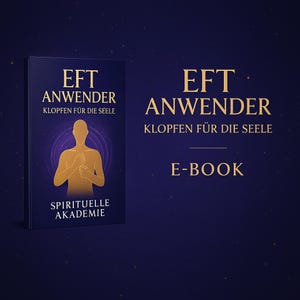 Könnte beinhalten: Ein dunkelblaues E-Book-Cover mit goldenem Text, der "EFT ANWENDER KLOPFEN FÜR DIE SEELE" lautet. Das Cover zeigt eine goldene Illustration einer Person und die Worte "SPIRITUELLE AKADEMIE". Der E-Book-Titel wird ebenfalls in goldenem Text angezeigt.