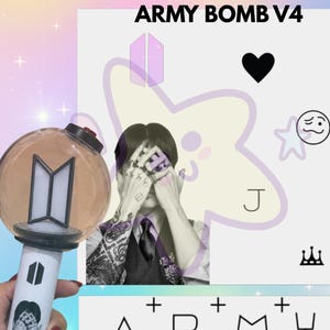 May include: A white and silver ARMY BOMB V4 light stick with a clear globe and a black logo. The image includes the text "TEMPLATE SKIN ARMY BOMB V4" and various graphic elements, including a heart and star.